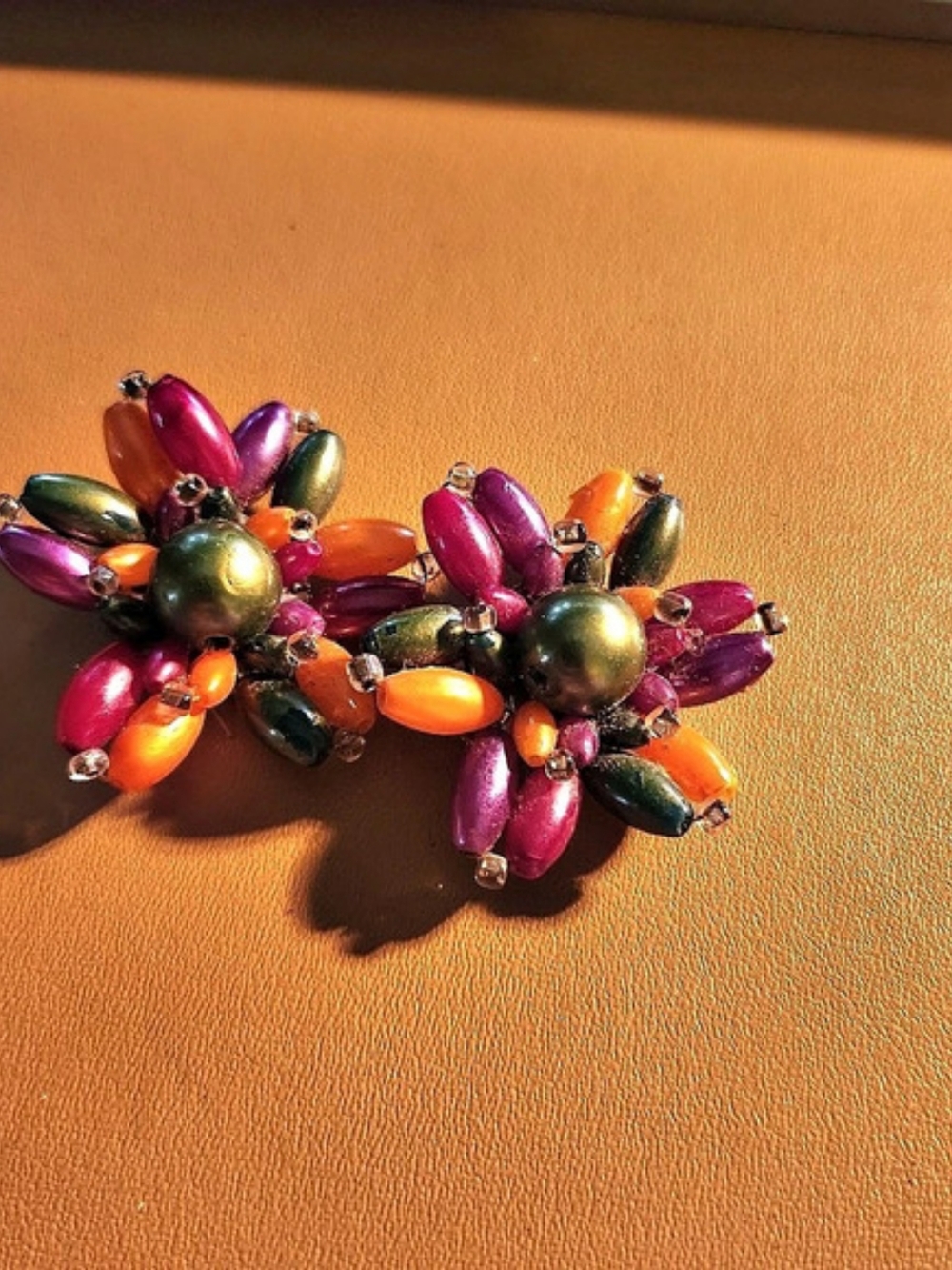 Vintage Multicolor Beaded Clip-On Earrings